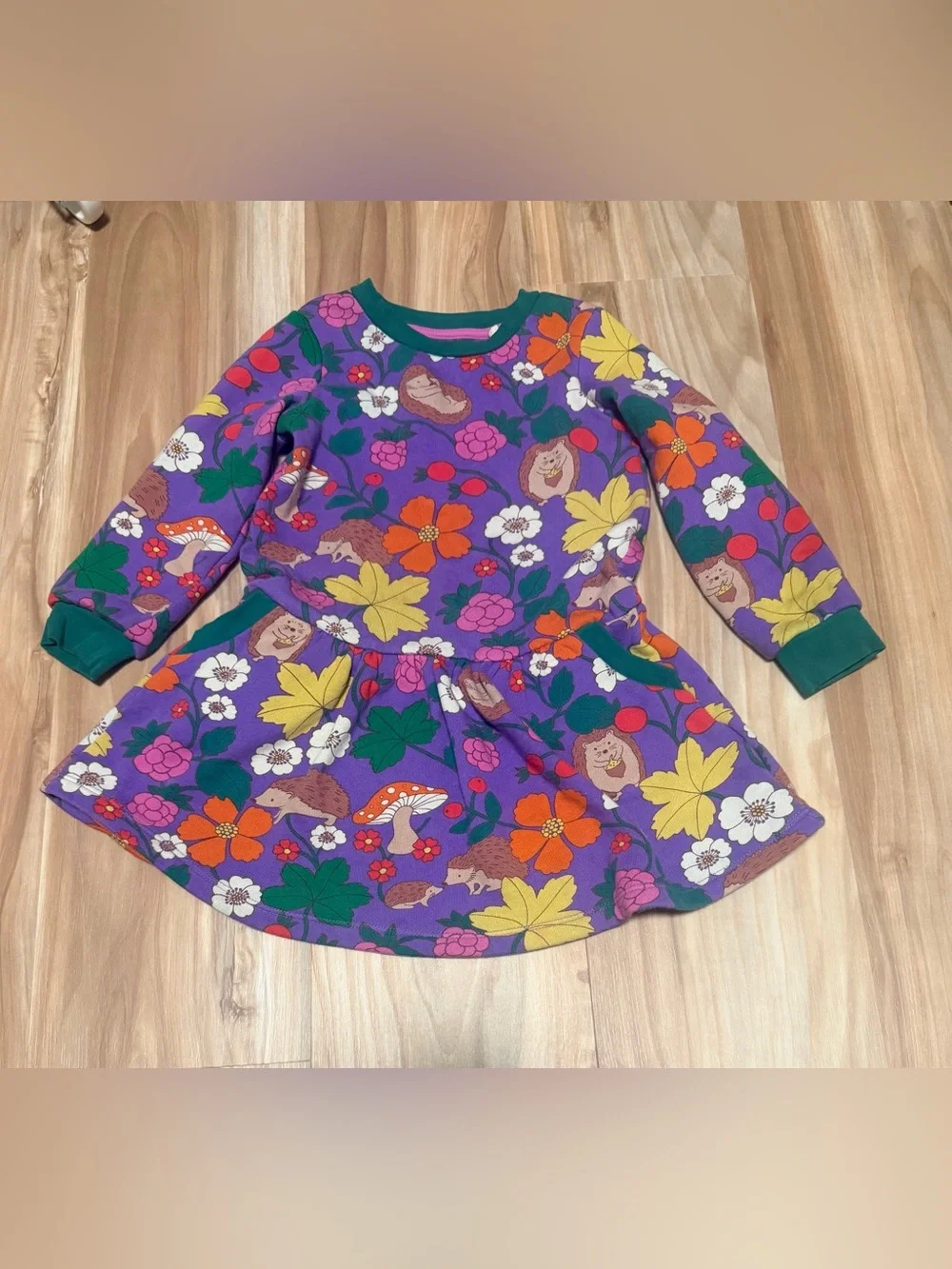 Mini Boden Purple Floral & Hedgehog Print Long Sleeve Dress